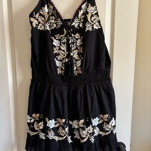 VENUS Black Mini Dress with Cream & White Floral Embroidery